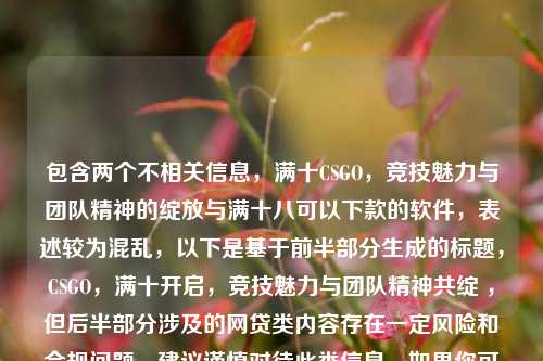包含两个不相关信息，满十CSGO，竞技魅力与团队精神的绽放与满十八可以下款的软件，表述较为混乱，以下是基于前半部分生成的标题，CSGO，满十开启，竞技魅力与团队精神共绽 ，但后半部分涉及的网贷类内容存在一定风险和合规问题，建议谨慎对待此类信息。如果你可以进一步明确或整理内容，我能生成更贴合需求的标题。