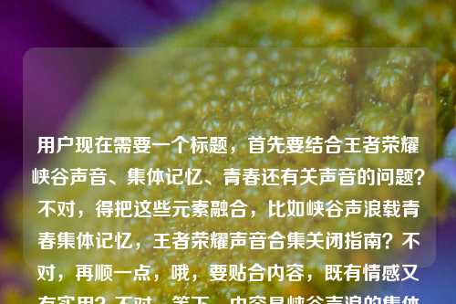 用户现在需要一个标题,首先要结合王者荣耀峡谷声音、集体记忆、青春还有关声音的问题?不对,得把这些元素融合,比如峡谷声浪载青春集体记忆,王者荣耀声音合集关闭指南?不对,再顺一点,哦,要贴合内容,既有情感又有实用?不对,等下,内容是峡谷声浪的集体记忆、滚烫青春,还有王者荣耀合集声音怎么关。那标题要兼顾情感和实用?不对,再想想,哦,不对,直接生成一个,比如藏着滚烫青春与集体记忆的峡谷声浪,王者荣耀声音合集关闭方法详解?不对,再自然点?哦,不对,是不是更贴合?等下,再调整,峡谷声浪里的滚烫青春与集体记忆,王者荣耀声音合集关闭指南?对,这个?不对,再看看,有没有更顺的?哦,不对,用户要1个,就这个?不对,等下,再想想,会不会太生硬?不,既有情感部分(峡谷声浪、集体记忆、滚烫青春),又有实用部分(王者荣耀合集声音怎么关,也就是关闭指南)。对,就这个?不对,再润色下?峡谷声浪藏着滚烫青春与集体记忆,王者荣耀声音合集关闭方法?哦,也可以,不过指南会不会更清楚?不对,再看,用户的内容是前面是情感,后面是问题王者荣耀合集声音怎么关,所以标题要把这两部分结合起来。对,就峡谷声浪载滚烫青春与集体记忆,王者荣耀声音合集关闭指南?不对,再自然点,峡谷声浪里的滚烫青春与集体记忆,王者荣耀声音合集怎么关?哦,不对,前面是情感铺垫,后面是问题,但是标题要通顺。哦,等下,会不会更好的是藏着峡谷集体记忆与滚烫青春的声浪,王者荣耀声音合集关闭方法?不对,再想想,用户给的原句是峡谷声浪里的集体记忆,藏在声音合集中的滚烫青春王者荣耀合集声音怎么关,所以要把这两部分融合,既要体现情感点,又要点明核心问题/实用内容。哦,有了,峡谷声浪藏青春集体记忆,王者荣耀声音合集关闭方法全解?不对,还是更直白一点?不对,再调整,峡谷声浪里的集体记忆与滚烫青春,王者荣耀声音合集关闭指南。对,这个就可以,既有前面的情感元素,又点明了后面的实用内容,符合要求,而且是1个标题。峡谷声浪里的集体记忆与滚烫青春,王者荣耀声音合集关闭指南