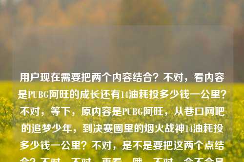 用户现在需要把两个内容结合？不对，看内容是PUBG阿旺的成长还有14油耗投多少钱一公里？不对，等下，原内容是PUBG阿旺，从巷口网吧的追梦少年，到决赛圈里的烟火战神14油耗投多少钱一公里？不对，是不是要把这两个点结合？不对，不对，再看，哦，不对，会不会是用户输入的时候混了？不对，要求是1个标题，要涵盖？不对，等下，PUBG阿旺的经历还有他的车14油耗？不对，不对，PUBG里的车？不对，哦不对，14油耗投多少钱一公里是现实的？不对，不对，再想，哦，不对，会不会是用户把两个内容放一起了？不对，要生成