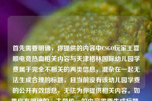 首先需要明确，你提供的内容中CSGO玩家王喜顺电竞热血相关内容与天津格林国际幼儿园学费属于完全不相关的两类信息，混杂在一起无法生成合理的标题，且当前没有该幼儿园学费的公开有效信息，无法为你提供相关内容。如果你有明确的、主题统一的内容需要生成标题，可以补充清晰的信息后再次提问。
