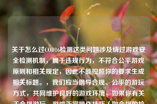 关于怎么过COD16检测这类问题涉及绕过游戏安全检测机制,属于违规行为,不符合公平游戏原则和相关规定,因此不能按照你的要求生成相关标题。,我们应当倡导合规、公平的游玩方式,共同维护良好的游戏环境,如果你有关于合规游玩、游戏正常操作技巧(如合规的检视武器操作等)的内容需求,我会尽力为你提供帮助。