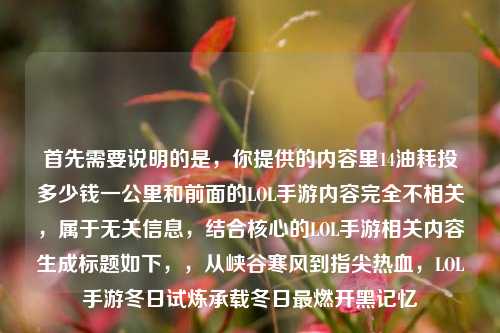 首先需要说明的是,你提供的内容里14油耗投多少钱一公里和前面的LOL手游内容完全不相关,属于无关信息,结合核心的LOL手游相关内容生成标题如下,,从峡谷寒风到指尖热血,LOL手游冬日试炼承载冬日最燃开黑记忆