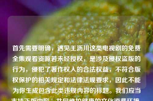 首先需要明确,遇见王沥川这类电视剧的免费全集观看资源若未经授权,是涉及侵权盗版的行为,侵犯了著作权人的合法权益,不符合版权保护的相关规定和法律法规要求,因此不能为你生成包含此类违规内容的标题。我们应当支持正版内容,共同维护健康的文化消费环境。