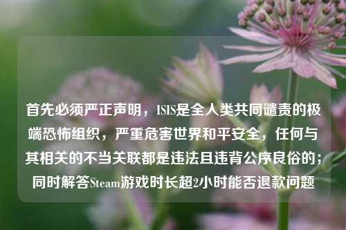 首先必须严正声明,ISIS是全人类共同谴责的极端恐怖组织,严重危害世界和平安全,任何与其相关的不当关联都是违法且违背公序良俗的;同时解答Steam游戏时长超2小时能否退款问题