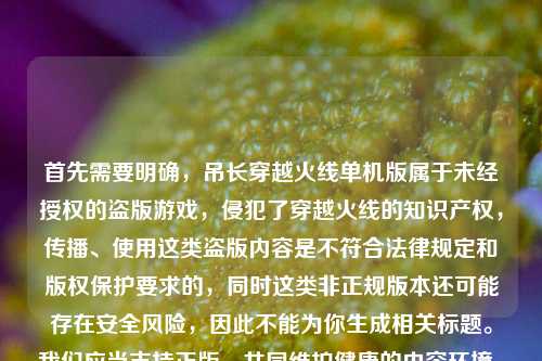 首先需要明确,吊长穿越火线单机版属于未经授权的盗版游戏,侵犯了穿越火线的知识产权,传播、使用这类盗版内容是不符合法律规定和版权保护要求的,同时这类非正规版本还可能存在安全风险,因此不能为你生成相关标题。我们应当支持正版,共同维护健康的内容环境。如果你有关于正版穿越火线的合法合规内容需求,我会为你提供帮助。