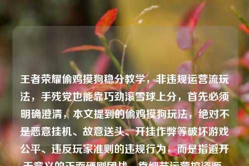 王者荣耀偷鸡摸狗稳分教学,非违规运营流玩法,手残党也能靠巧劲滚雪球上分,首先必须明确澄清,本文提到的偷鸡摸狗玩法,绝对不是恶意挂机、故意送头、开挂作弊等破坏游戏公平、违反玩家准则的违规行为,而是指避开无意义的正面硬刚团战,靠细节运营控资源、悄无声息滚雪球的巧劲思路,专门适配操作不算顶尖、不想靠硬拼操作也想稳步上分的玩家,全程不涉及任何违规操作,完全在游戏规则框架内靠意识和思路拿优势,请大家放心参考,千万别把这个玩法和恶意违规行为划等号哦。,接下来给大家拆解这套玩法的核心通关逻辑,,选人先搭适配骨架,优先选带线牵制、资源掠夺能力强的英雄,比如打野位选韩信、兰陵王,对抗路选程咬金、暗信,辅助位选钟馗、孙膑,不要选必须全程跟团打正面的站撸型英雄,从选角阶段就贴合避团运营的核心思路。,前期攒偷的资本,开局别盲目凑第一波小团,打野先稳刷自家野区到4级,顺路摸掉对面没人看的边路河蟹;对抗路抢完线就蹲对面野区入口看视野,能偷个小野就偷,偷不到就撤绝不恋战,前期死一次会直接断掉运营节奏,记住不亏就是赚。,中期抓漏滚雪球,时刻盯着小地图,只要对面3个以上的人出现在同一条路露头,立刻喊队友牵扯正面,自己去摸没人守的塔、没人打的龙、对面刚刷新的野区,拿完资源立刻走,绝对不贪多跟回防的敌人硬拼;玩辅助的话就蹲在对面野区草里勾buff、断兵线,把对面的节奏搅乱,让对面想打团找不到人,想守资源又守不住。,后期稳偷不翻车,后期别单带太深,带线过河道就停,盯着对面C位的位置,只要对面C位回防露脸,立刻转去摸另一条路的高地或者主宰/暴君,团战时不要第一个冲,等对面技能交得差不多了再进场收残血、摸塔,靠资源差慢慢压垮对面,而不是靠一波团赌输赢。,最后再强调一遍,这套玩法的核心是用意识补操作,全程不碰任何违规红线,靠对地图资源的把控、对敌人动向的判断拿优势,哪怕你手速不快、操作不秀,只要把小地图看勤、不贪战不硬拼,也能稳稳靠这套巧劲上大分。