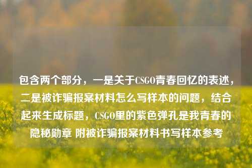 包含两个部分，一是关于CSGO青春回忆的表述，二是被诈骗报案材料怎么写样本的问题，结合起来生成标题，CSGO里的紫色弹孔是我青春的隐秘勋章 附被诈骗报案材料书写样本参考